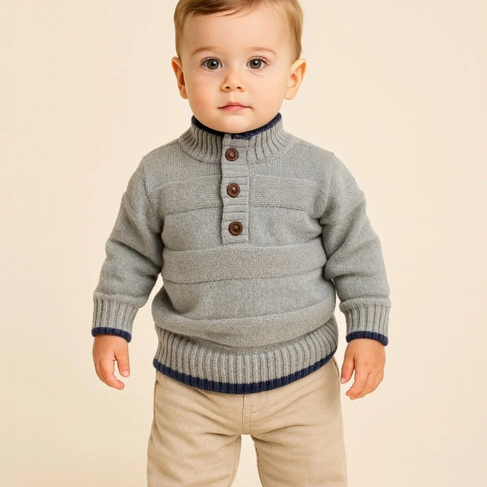 Janie and Jack Boys Textured Henley Sweater Gray Preppy Knit 12-18 Months💚
